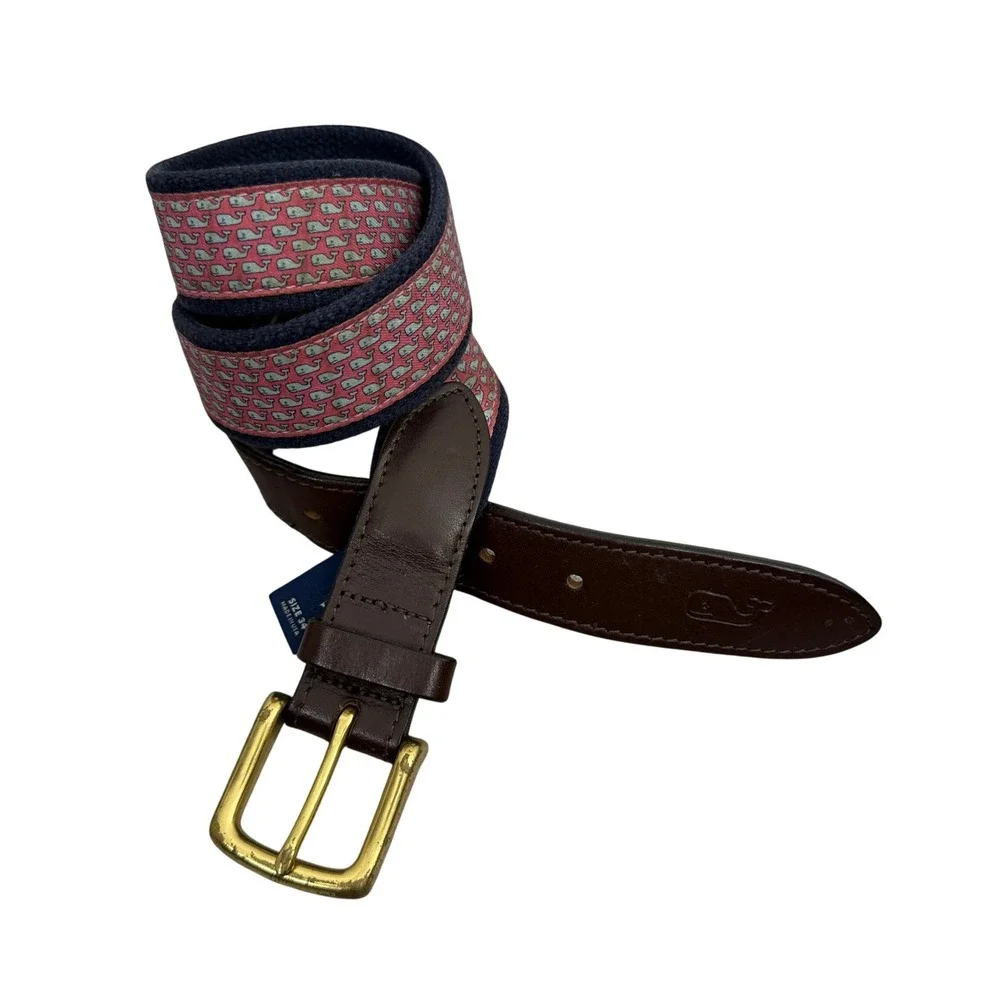 Vineyard Vines Belt Mens 34 Pink Navy Whale Print Silk Leather Canvas Preppy *